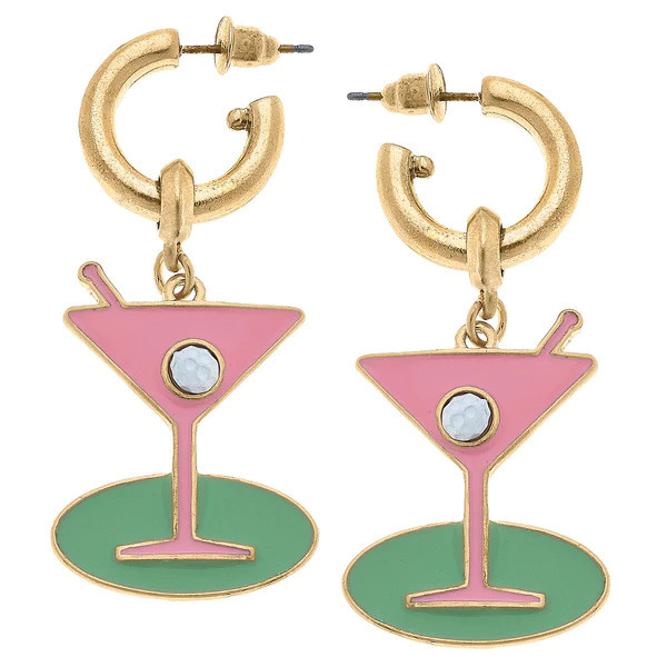 Country Club Martini Drop Hoop Earrings in Pink | CANVAS
