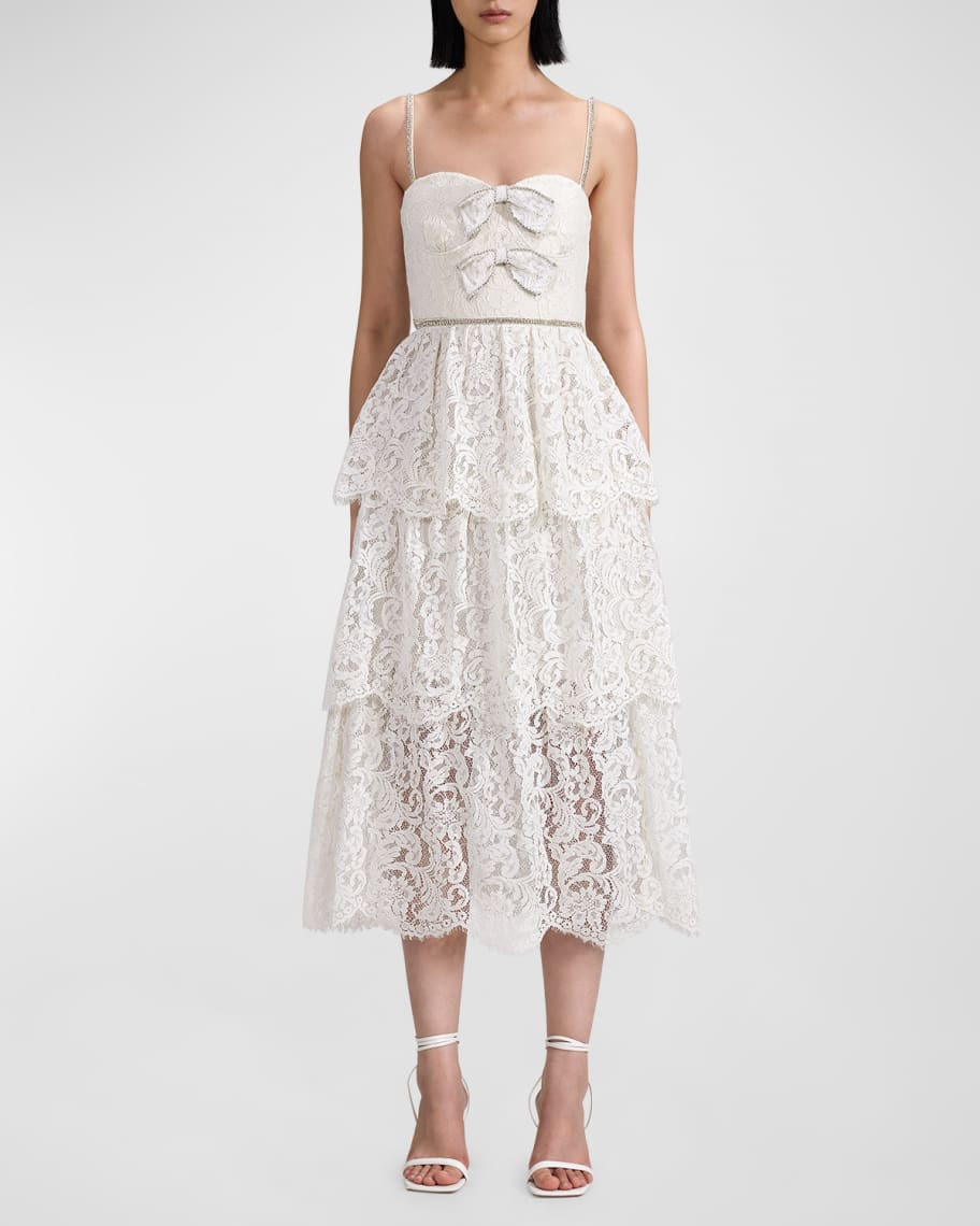 Self-Portrait Diamant&eacute;-Trim Lace Tiered Midi Dress | Neiman Marcus