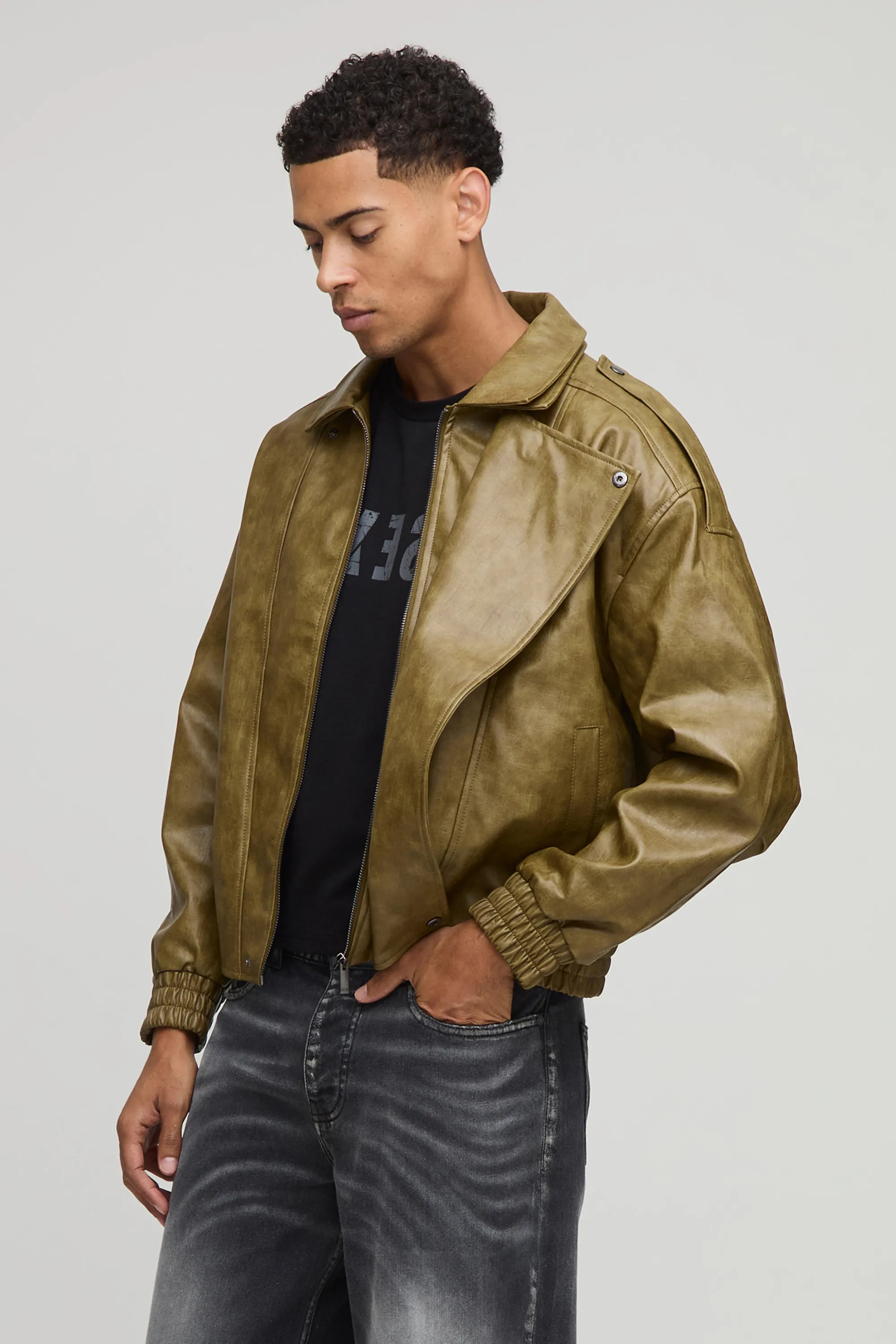 Oversized Double Collared Biker Jacket | boohooMAN (US & Canada)