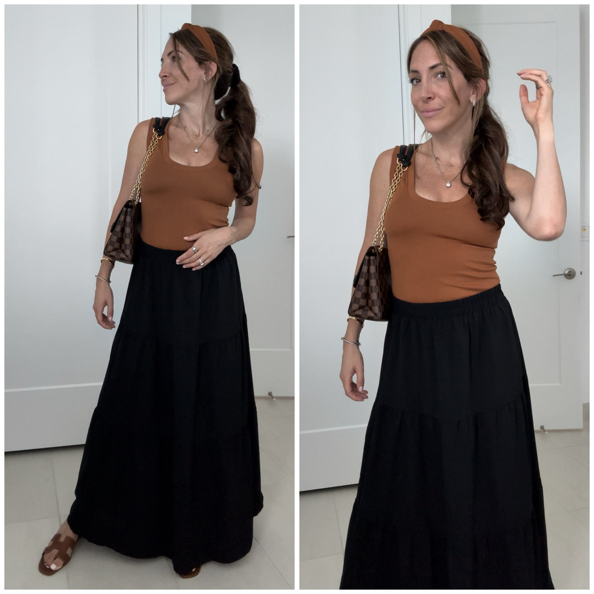 A camel moment 🤎🐫 

A good maxi skirt can elevate any outfit! This one is one of the few that doesn’t drag on the floor for us shorter gals 😆 

Black tiered maxi skirt with pockets, camel colored tank, top knot camel headband, Hermes Oran sandals, LV vavin PM

#LTKStyleTip #LTKSeasonal #LTKFindsUnder50