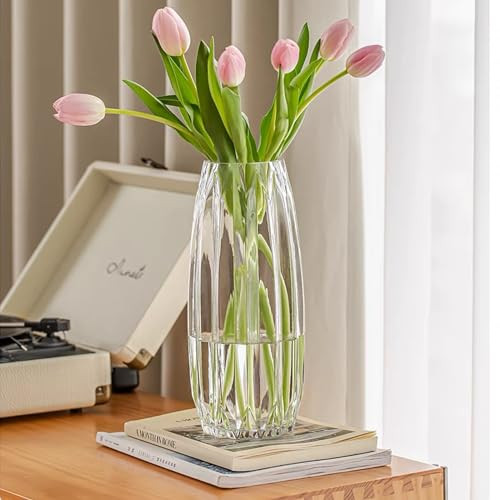 Flower Vase，Glass Vase，11 inch，GIDARY Thickened Clear Ribbed Glass Vase for Bookshelf,Dinner Table,Indoor Office Desktop,Meeting Room,Home Christmas Day Decoration | Amazon (US)