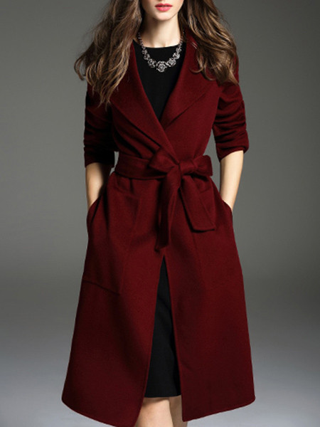 Burgundy Lapel Tie-Waist Pockets Coat | SHEIN