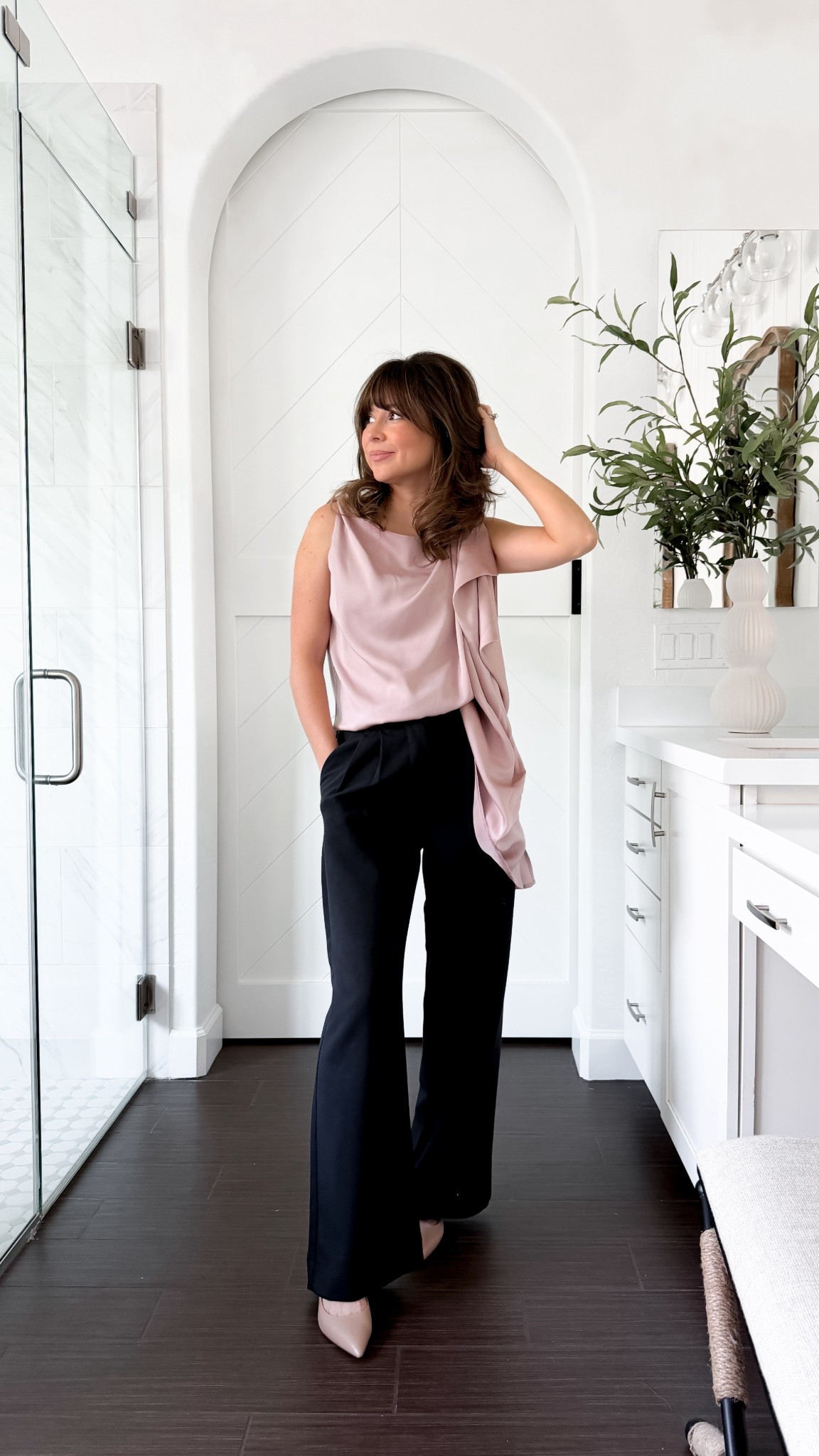5’2 petite-friendly evening look: draped blush top, tailored black trousers, and nude pointed heels for that leg-lengthening magic. Simple, elegant, and so flattering for petites. Linking everything with fit notes + sizing. 

Top XS 
Slacks XS petite 

#LTKHoliday #LTKPetite