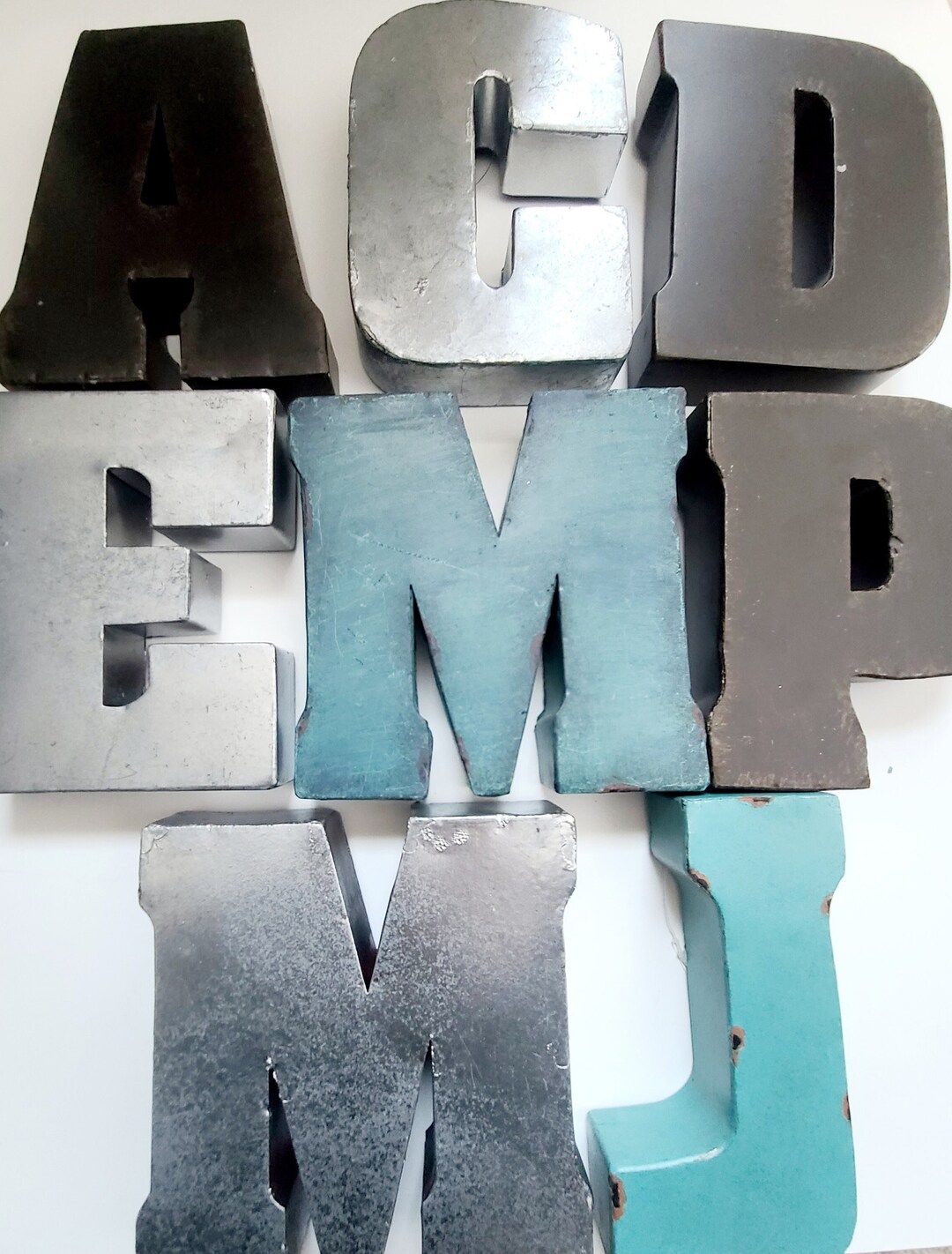 Sale 7" METAL LETTER Blue Brown Silver Block Style Rustic Metal Alphabet Initial Vintage Style Ga... | Etsy (US)