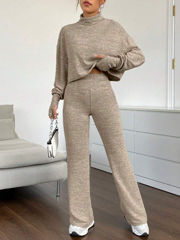 SHEIN EZwear Women's Plain Stand Collar T-shirt And Pants Set | SHEIN