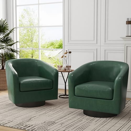 UIXE PU Leather Swivel Barrel Club Chairs Set of 2, Modern Arm Accent Chair Mid-Century Upholstered Round Armchair Single Sofa Seating Side Reading Seat for Living Room, Office, Bedroom - Green | Amazon (US)