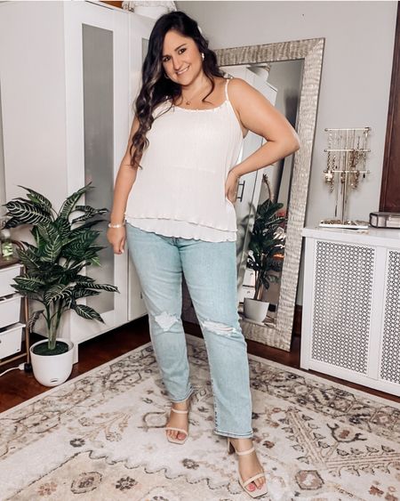 The delight is in the details! This tiered spaghetti strap top with pearl details is so dang cute and TTS! Love it paired casually with your favorite jeans a nude heels! Added a little pearl barrette for even more dainty cuteness!

Midsize, neutral outfit, curvy jeans 

#LTKcurves #LTKFind #LTKshoecrush