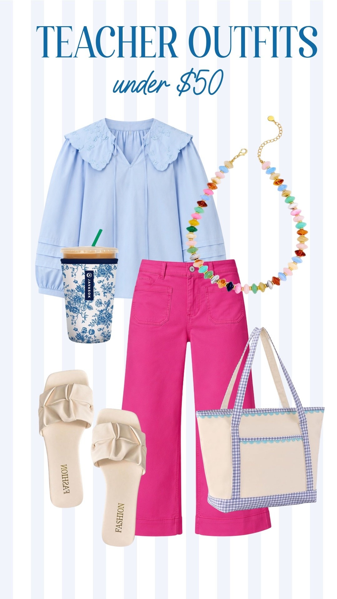 Colorful teacher outfit ideas under $50 featuring bright pink pants, a blue statement collar blouse, comfortable sandals, teacher tote and fun accessories. An affordable back to school outfit that brings plenty of color to the classroom!

#LTKootd #LTKSeasonal #LTKWorkwear