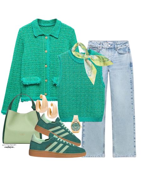 Tweed cardigan and top co ord, jeans, green adidas Spezial trainers, color block tote bag, gold earrings. Spring outfit idea

#LTKshoecrush #LTKeurope #LTKstyletip
