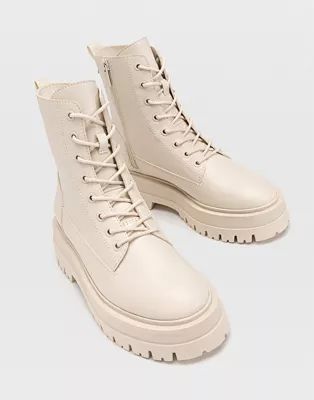 Stradivarius lace up flat ankle boot in off white | ASOS (Global)