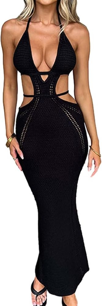 Ryehack Womens Halter Crochet Dress Summer Sleeveless Backless V Neck Hollow Out Maxi Dress Beach... | Amazon (US)
