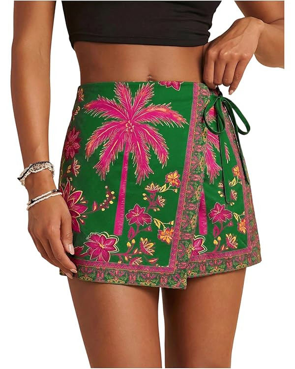 SweatyRocks Women's Boho Mini Skirts Floral Shorts Tie Side Wrap Elastic Waist Summer Skorts Beac... | Amazon (US)