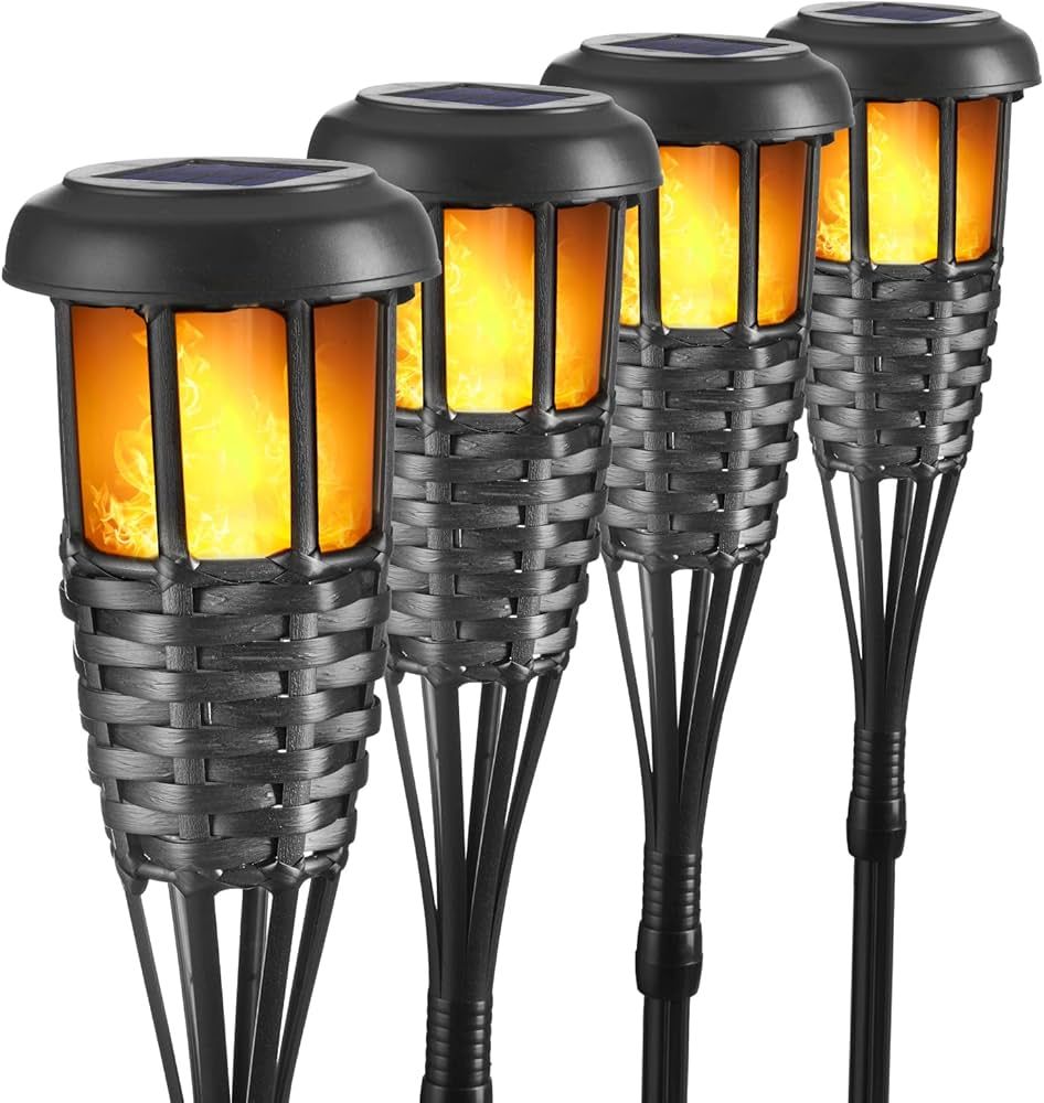 Solar Torch Light with Flickering Flame, 4 Pack Waterproof Bamboo Torches Hand-Woven Rattan Solar... | Amazon (US)