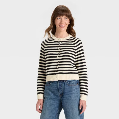 Women's Button-Down Cardigan - Universal Thread™ Black Striped L | Target