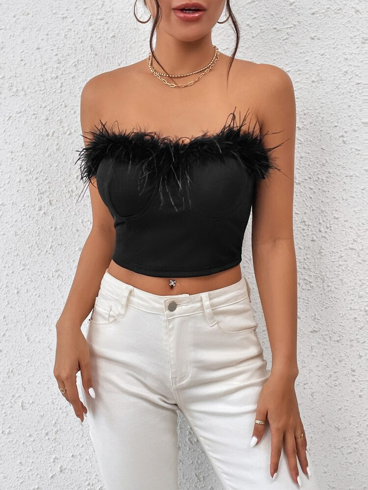 SHEIN BAE 1pc Fuzzy Trim Bustier Crop Tube Top | SHEIN