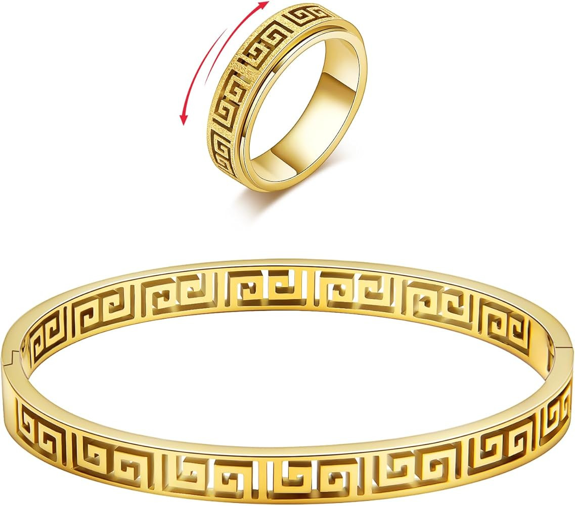 18K Gold Plated Bracelet with Spinner Ring Jewelry Set for Women:Stainless Steel Greek key Cuff O... | Amazon (US)