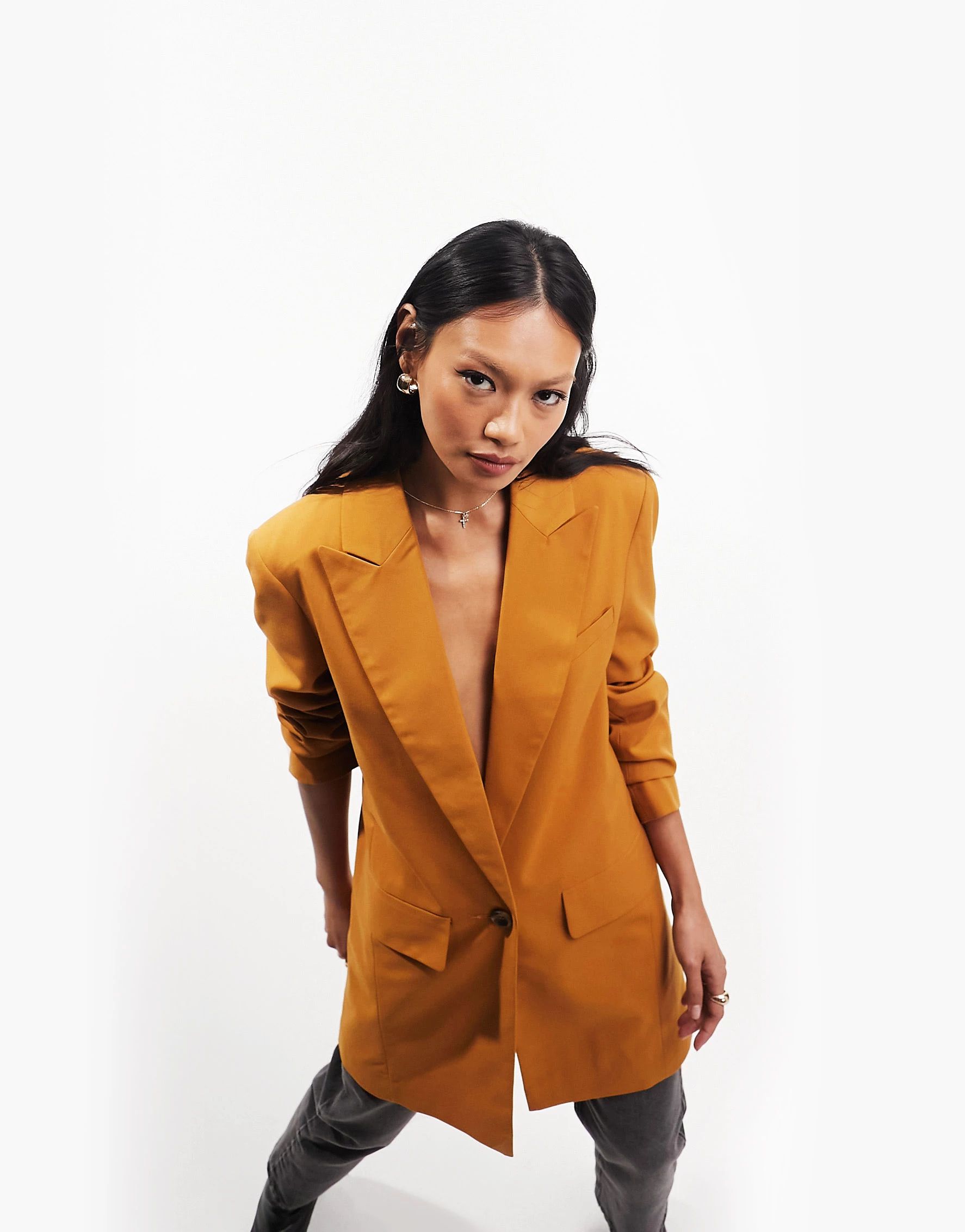 ASOS DESIGN new perfect long line shape blazer in honey brown | ASOS (Global)