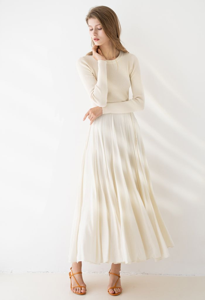 Knit Spliced Long Sleeves Maxi Dress in Cream | Chicwish