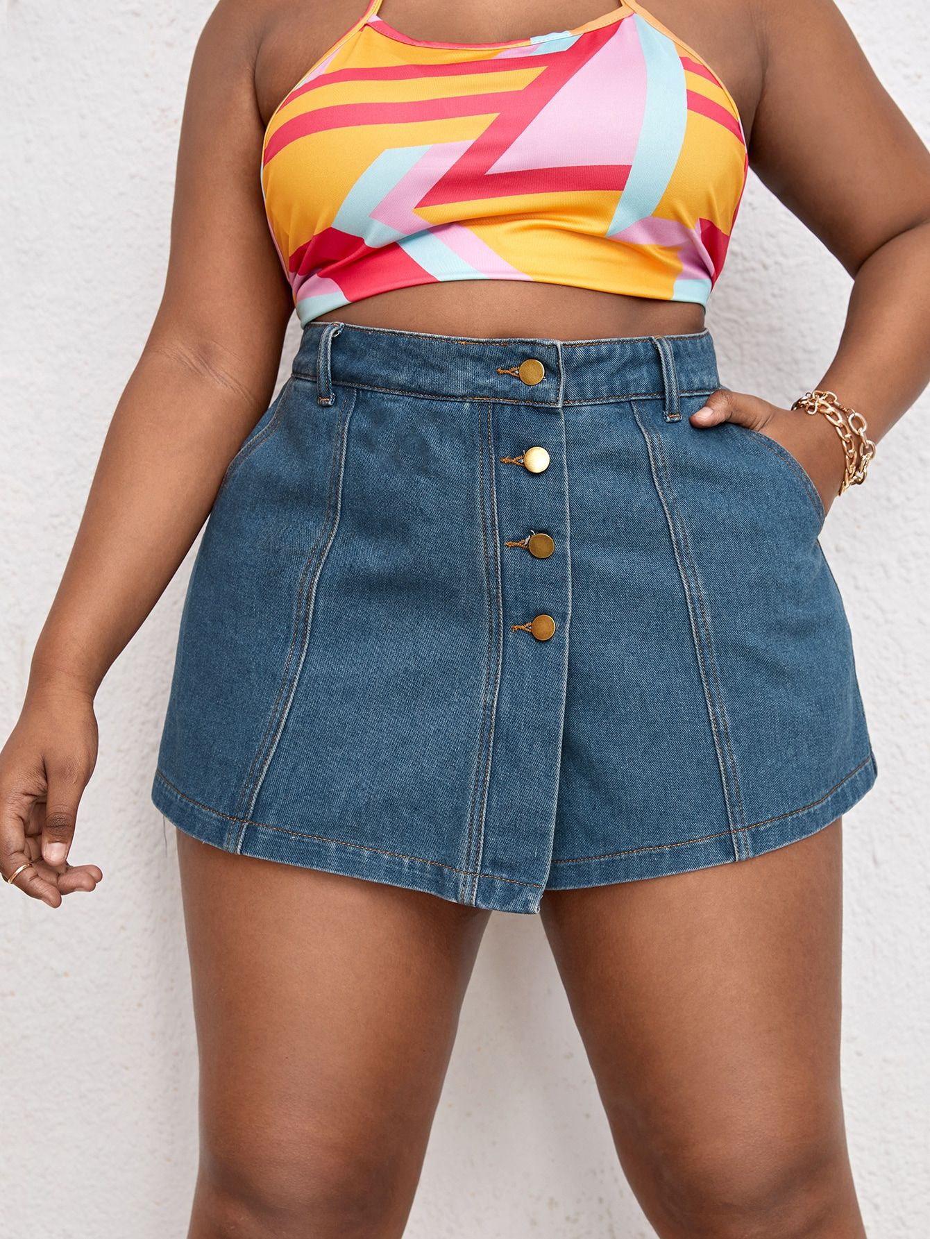 Plus Button Front Denim Shorts | SHEIN