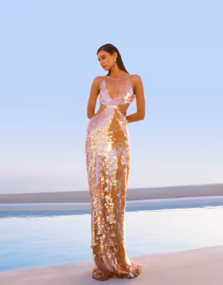 ASOS DESIGN iridescent sequin cut out maxi dress with plunge neckline in apricot | ASOS (Global)