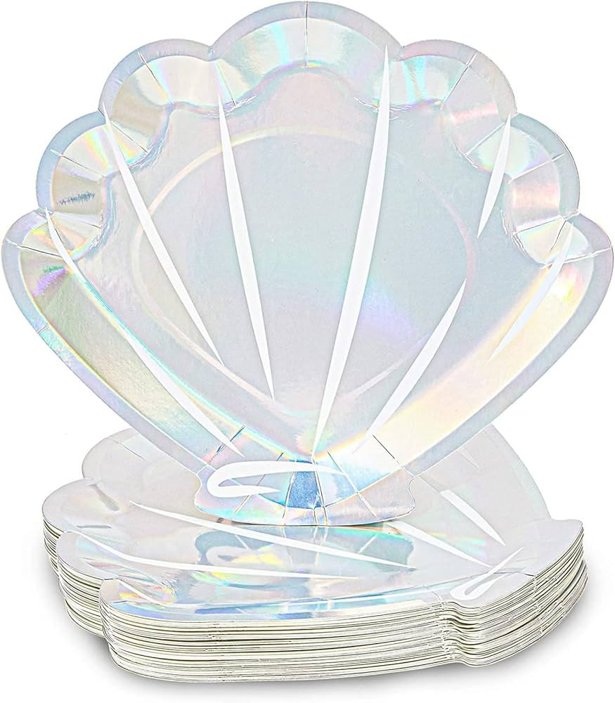 48 Pack Holographic Seashell Plates for Girls Mermaid Birthday Party Supplies, Silver Foil Design... | Amazon (US)