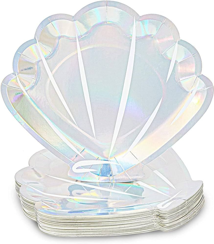 Sparkle and Bash 48 Pack Holographic Seashell Plates for Girls Mermaid Birthday Party Supplies, S... | Amazon (US)