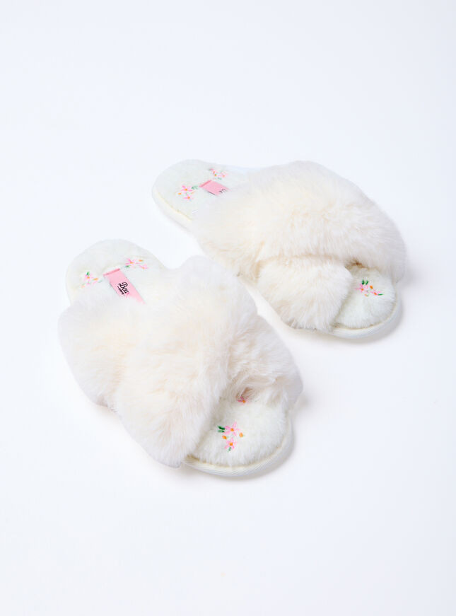 Floral embroidered cross band slider slippers - Ivory Mix | Boux Avenue (UK)