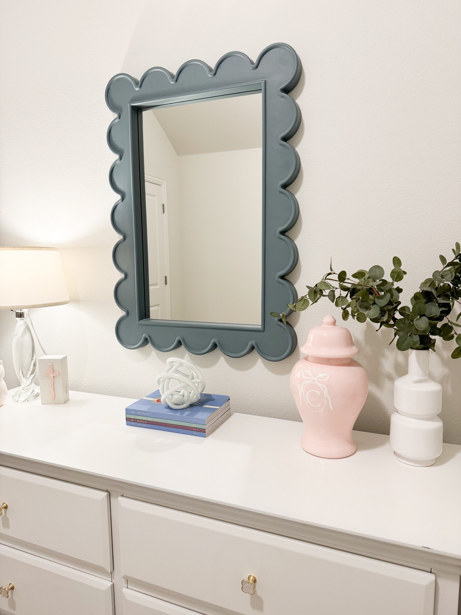 Toddler girl room - Ballard designs mirror - blue mirrors - scalloped mirror - scallop mirrors - classic bedroom - classic girl bedroom - toddler girl room decor - girl dresser decor - grand millennial bedroom - nursery decor - nursery dresser decor - Amazon dresser knobs 


#LTKHome #LTKBaby #LTKKids