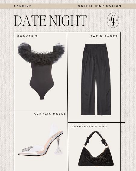 Fun, feminine look for date night this holiday season. Ruffle bodysuit, satin pants, acrylic heels, rhinestone bag. Cella Jane 

#LTKHoliday #LTKstyletip