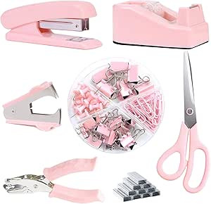 AOFUXTI Pink Stapler and Tape Dispenser Set, Office Supplies for Women, Including Stapler, Tape D... | Amazon (US)