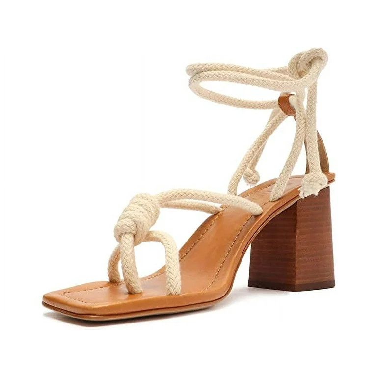 Schutz Angieh White Textile Lace Up Knotted Rope Vamp Stacked Block Heel Sandals (Cru/New Cream T... | Walmart (US)