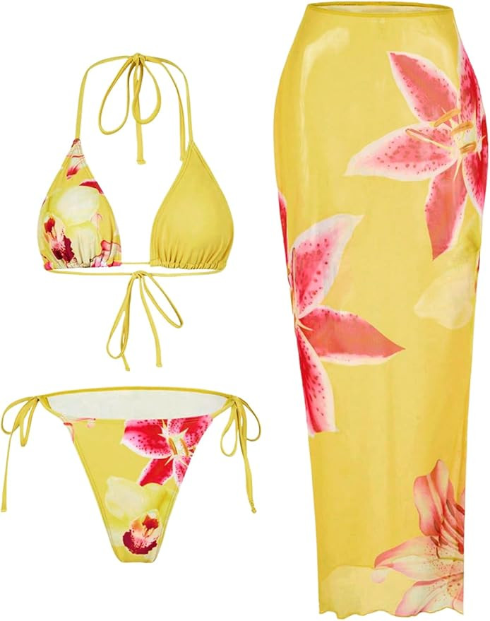 RoseSeek Women's 3 Piece Floral Swimsuit Halter Triangle String Bikini with Bodycon Beach Skirts ... | Amazon (US)