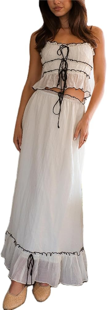 Yuemengxuan Women Y2k Ruffle Maxi Skirts Sets 2 Pieces Going out Set Sleeveless Lace Trim Cami To... | Amazon (US)