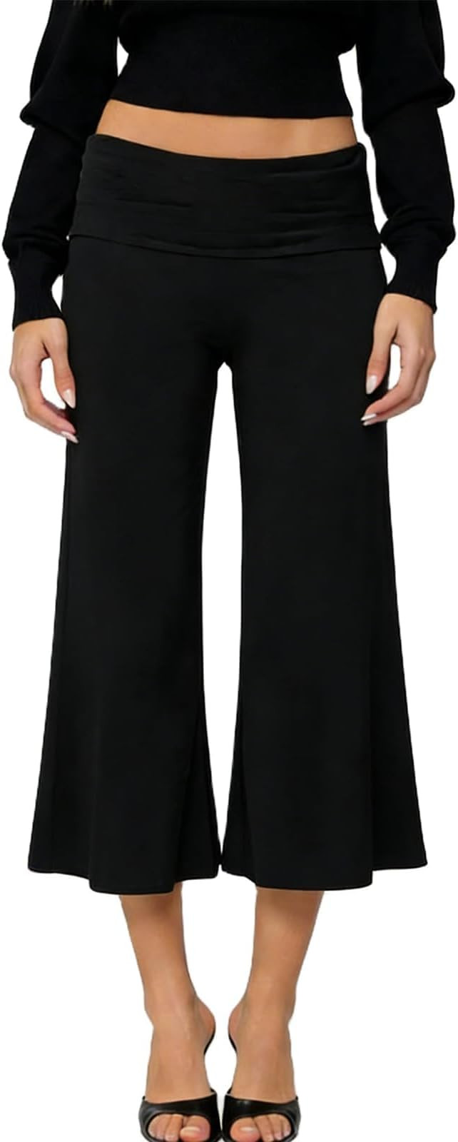 Amiblvowa Gaucho Pants Women Fold Over Cropped Capri Pants Low Rise Wide Leg Yoga Capris Palazzo ... | Amazon (US)