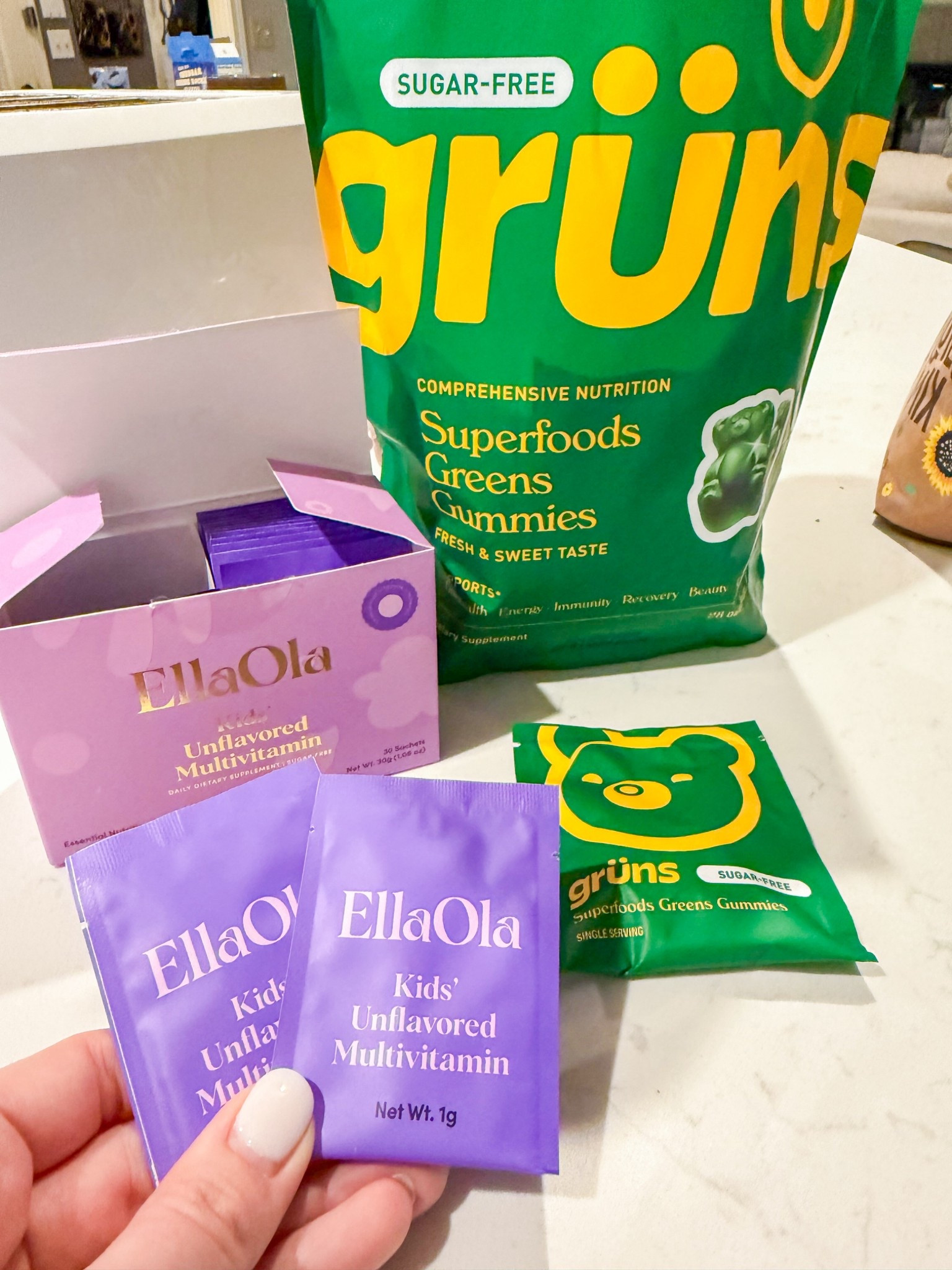 His & Hers 💪 I sneak these Ella Ola flavorless multivitamins into the boys milks in the morning and they can’t taste a thing! For me, it’s the Gruns superfoods gummies for some key nutrients! 