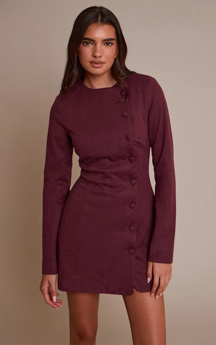 Burgundy Boucle Button Down Blazer Dress | PrettyLittleThing UK