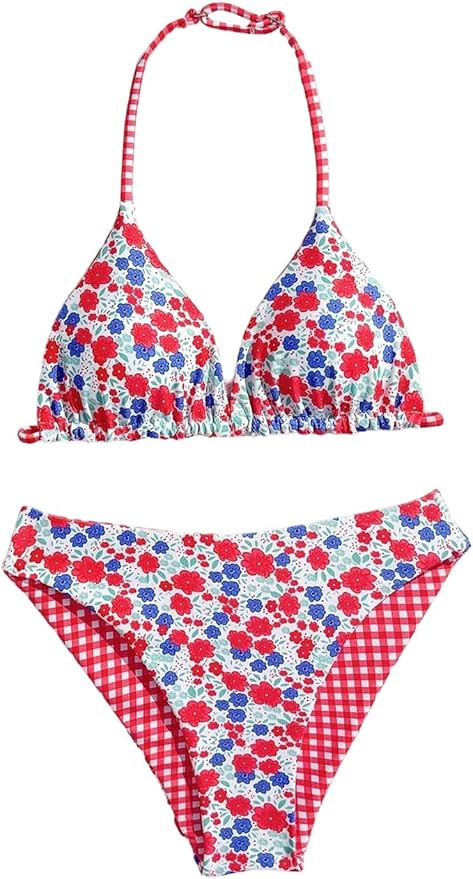 RoseSeek Girl's 2 Piece Swimsuits Floral Gingham Halter Triangle Wireless Bikini Bathing Suit | Amazon (US)