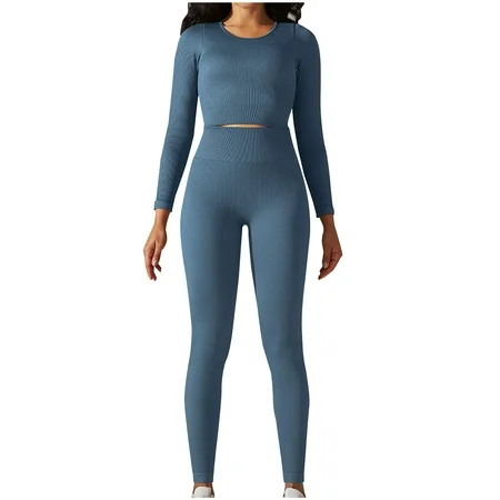 QUYUON Yoga Outfits for Women 2 Piece Seamless Ribbed High Waist Workout Leggings with Long Sleeve Crop Tops Exercise Set Two Piece Outfits Workout Sets Blue S | Walmart (US)