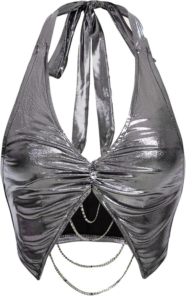OYOANGLE Women's Metallic Sleeveless V Neck Tie Backless Ruched Halter Top Asymmetrical Hem Crop ... | Amazon (US)