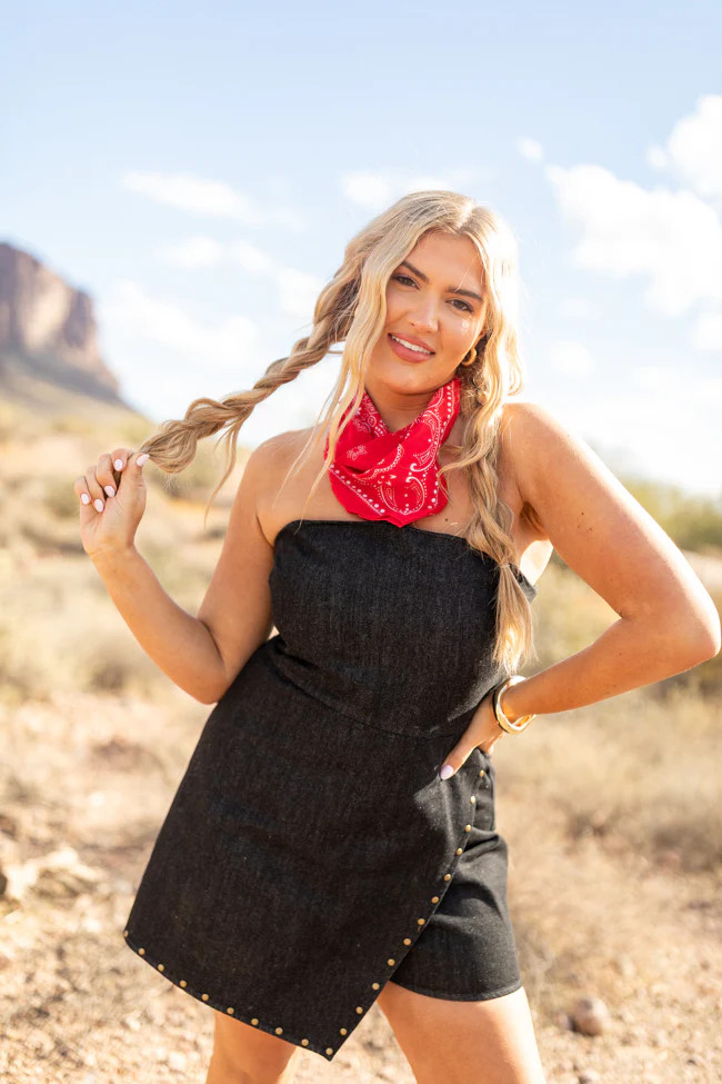 Pretty Heart Black Denim Strapless Romper | Pink Lily