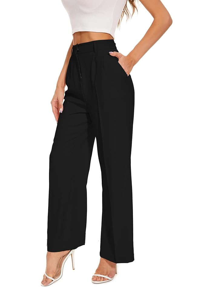 FUNYYZO Wide Leg Pants Women's High Elastic Waisted in The Back Business Work Trousers Long Strai... | Amazon (US)