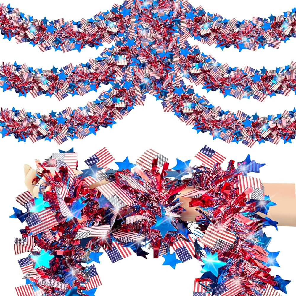 50 FT Patriotic Tinsel Garland, Memorial Day Decorations 4th of July Red White and Blue Garland F... | Amazon (US)