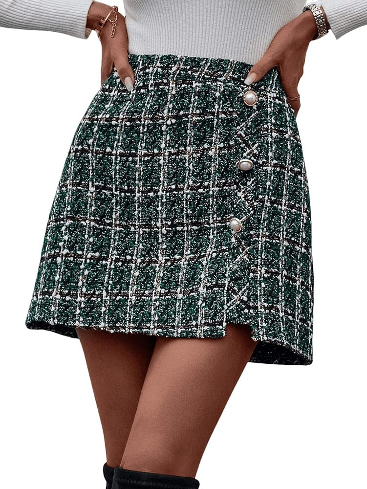 SweatyRocks Women's Elegant High Waist A-line Plaid Tweed Mini Skirt | Amazon (US)
