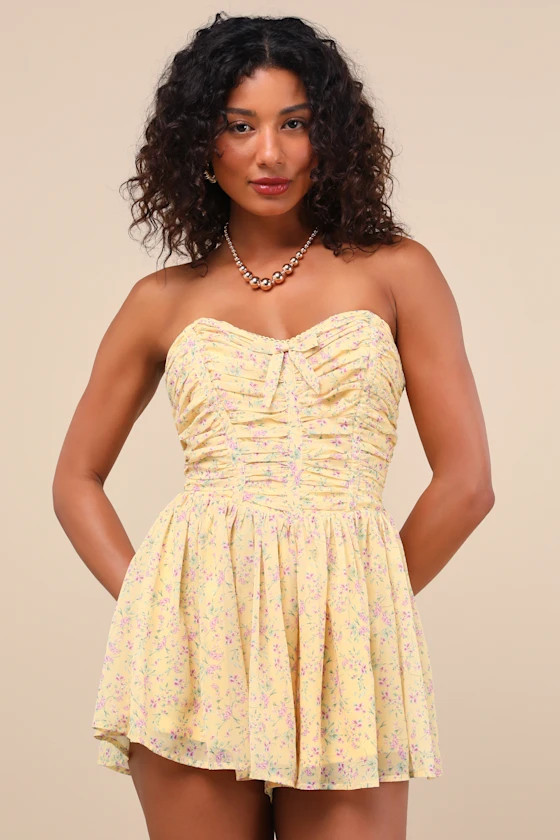 Marinella Yellow Floral Ruched Strapless Romper | Lulus