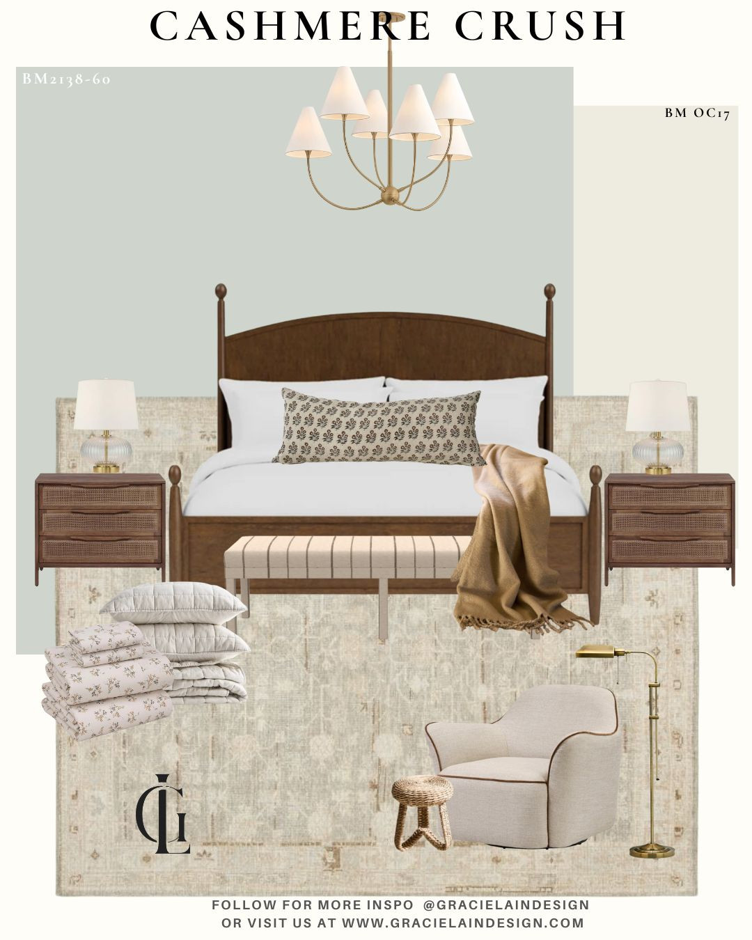 Soft, serene, and endlessly inviting 🤍✨
This bedroom is wrapped in Benjamin Moore’s Gray Cashmere — the perfect muted neutral that makes everything feel calm and cohesive. Layered with a tonal wool rug, warm brass lighting, and rich walnut wood tones, it’s a study in balance and texture. The cozy chair and soft bedding add that cloud-like comfort, while subtle patterns keep it beautiful — never boring.

Whether you’re winding down with a good book or easing into a peaceful night’s sleep, this is the kind of space that helps you truly exhale. 🌿

Shop the look + see more design inspiration at gracilaindesign.com

#GrayCashmere #NeutralBedroom #BenjaminMooreGrayCashmere #BedroomGoals #InteriorDesignInspo #CozyBedroom #SoftNeutrals #HomeDecor #BedroomDesign #LTKHome #LTKInteriors #GracilainDesign #CalmSpaces #WarmMinimalism #ZenInteriors 

 #LTKHome #LTKSaleAlert #LTKStyleTip