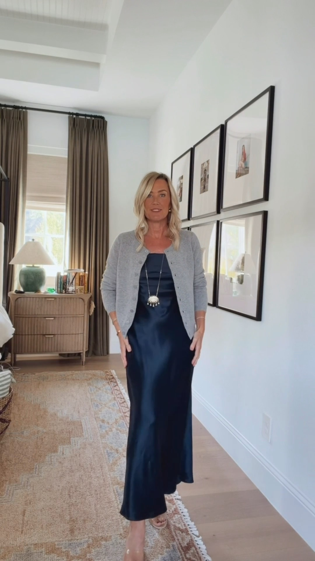 This silk dress is seriously everything! Love it in this navy color. 
Dress: xs
Cardigan: xs

#LTKootd #LTKSeasonal #LTKOver40