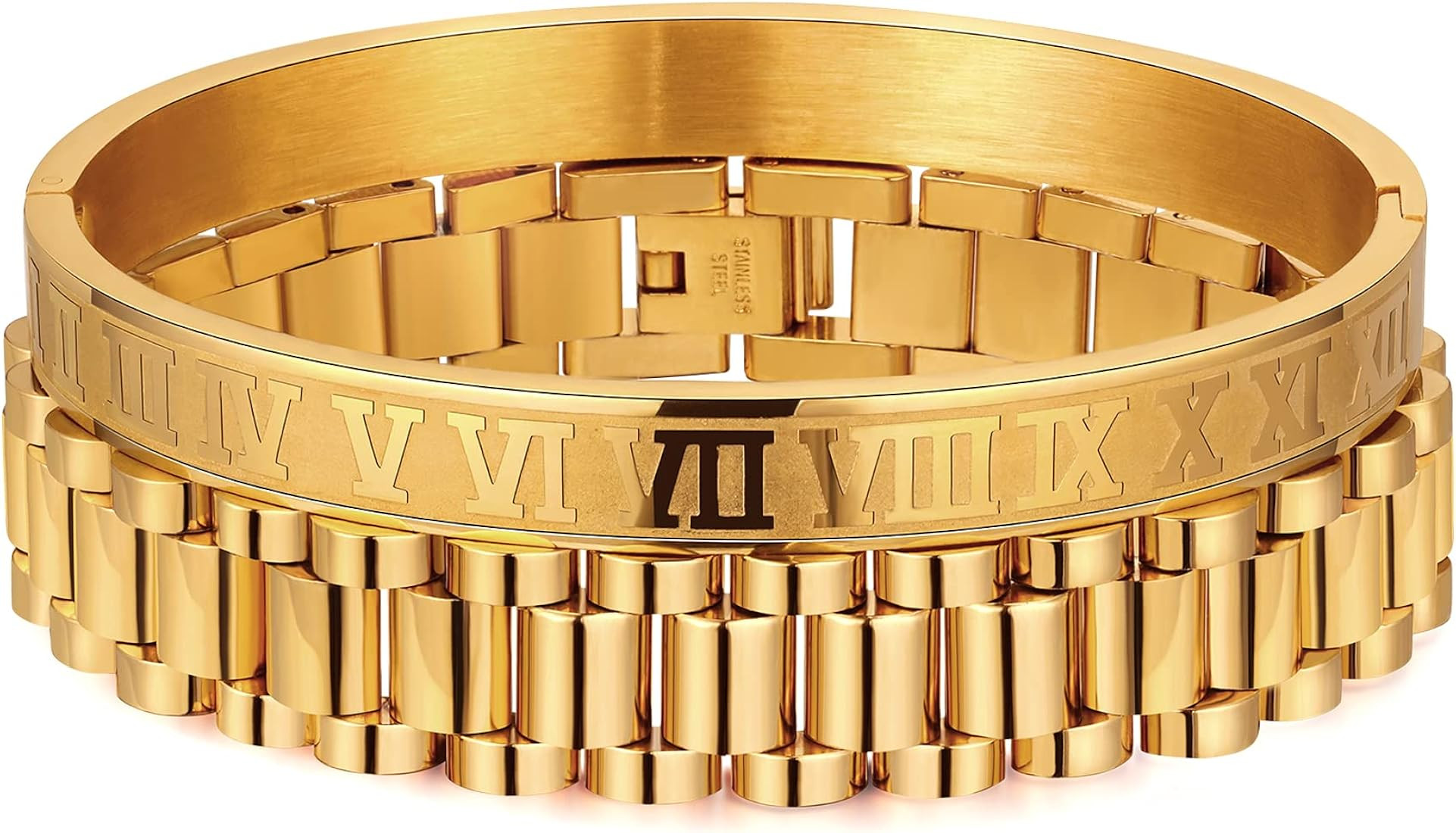 ZNBOH Stainless Steel Bracelets for Men Gold Roman Numeral Bangle Bracelet Adjustable Cuff Bracel... | Amazon (US)