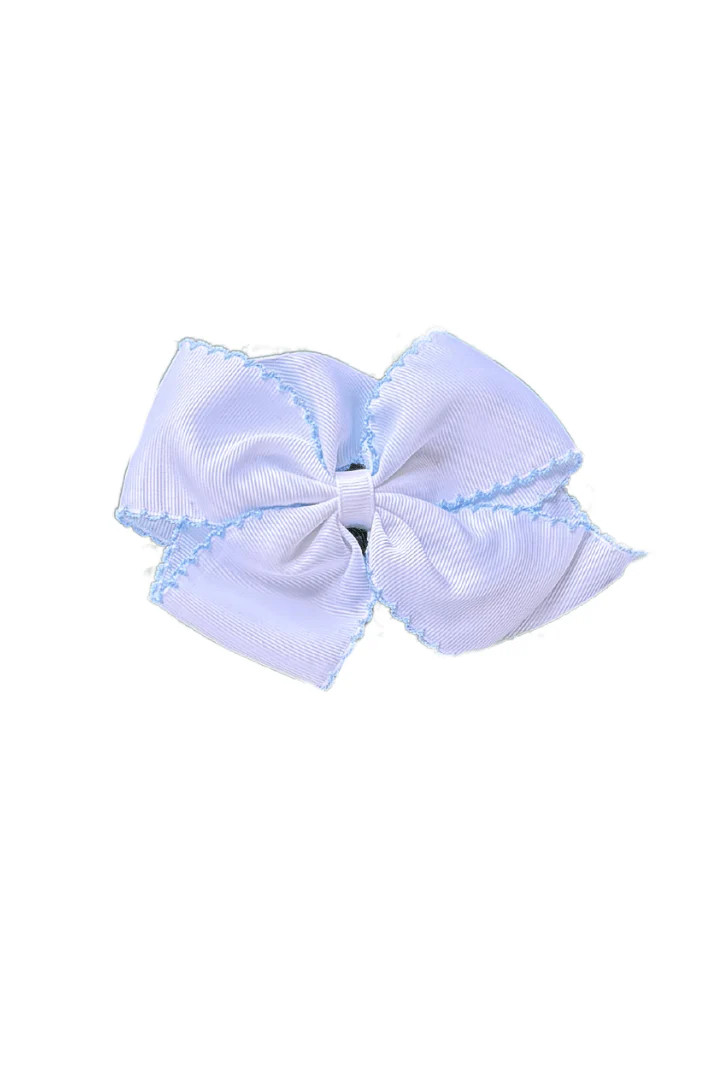 Scalloped Edge Grosgrain Bow White/Blue | The Smocked Flamingo