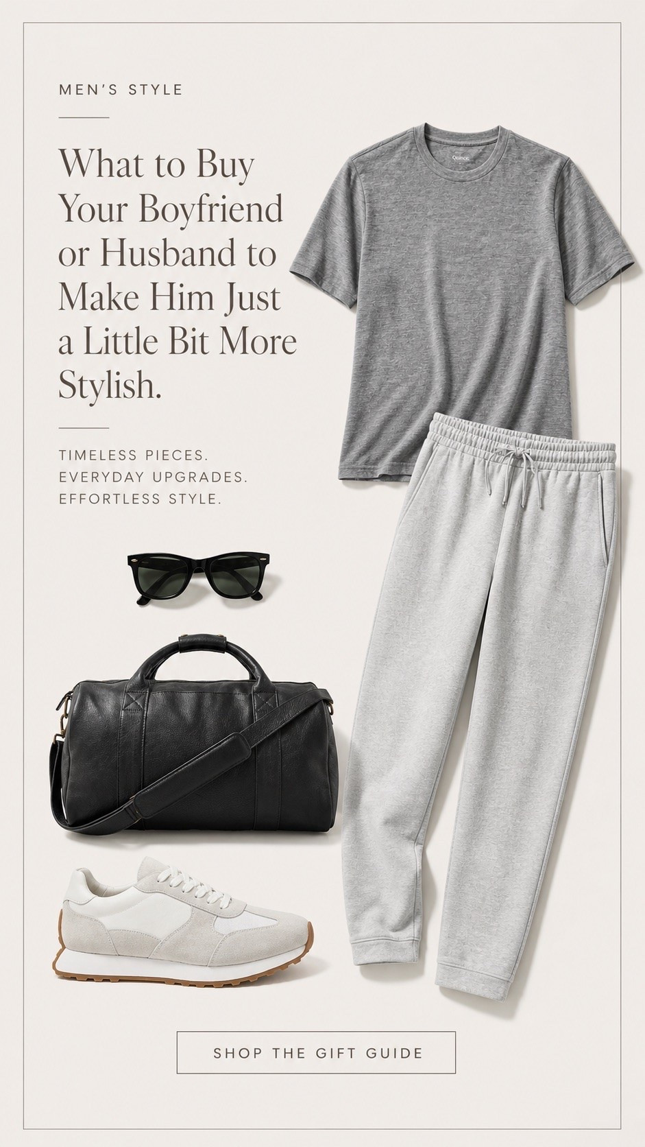 Effortless men’s style edit featuring @quince everyday essentials he’ll actually wear. Neutral lounge set, classic white sneakers, sleek sunglasses, and a timeless leather duffle for an elevated off duty look. Perfect gift ideas for boyfriend or husband with clean, minimal style that always works. #quincepartner