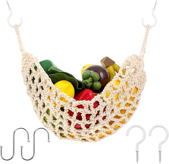 Hanging Fruit Hammock Under Cabinet with Hooks Hand Woven Boho Fruit Hammock Hanging Fruit Basket... | Amazon (US)